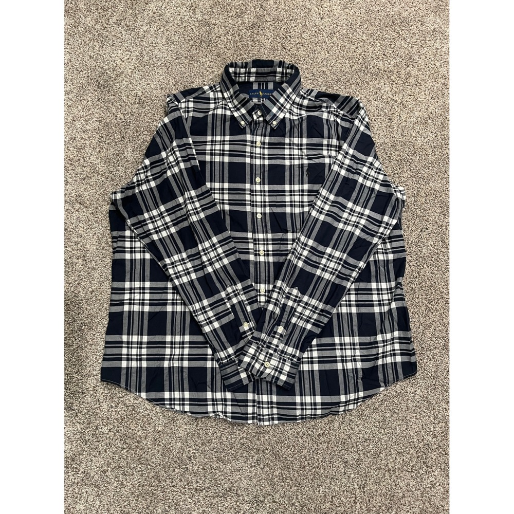 Polo Ralph Lauren Plaid Button Down Shirt Mens XXL Navy Blue White Long Sleeve